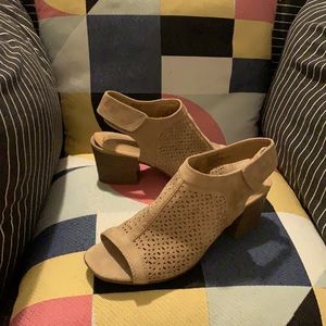 Tan suede open toed heels. Womens 9 1/2.